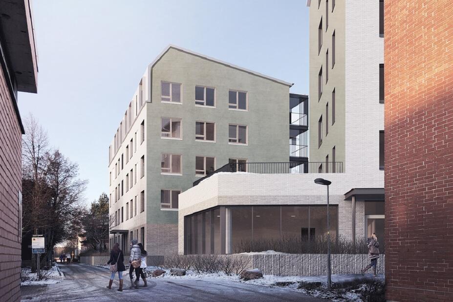 Vaalea kerrostalo, jonka edessä kävelee ihmisiä.