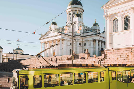Helsinki Cathedral in a sunset seen from the Senate square.