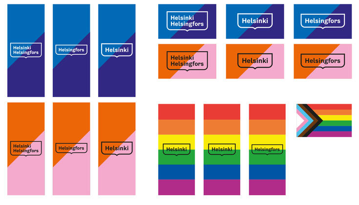 Salkolippumallit: siniset, punaiset ja Pride versiot Helsinki ja Helsingfors tunnuksilla.